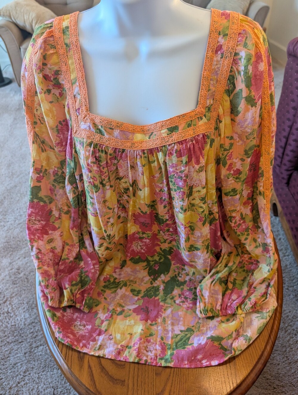 Floral Boho Style Square-Neck Long Sleeve Blouse in Pink & Yellow, Size XL - NEW